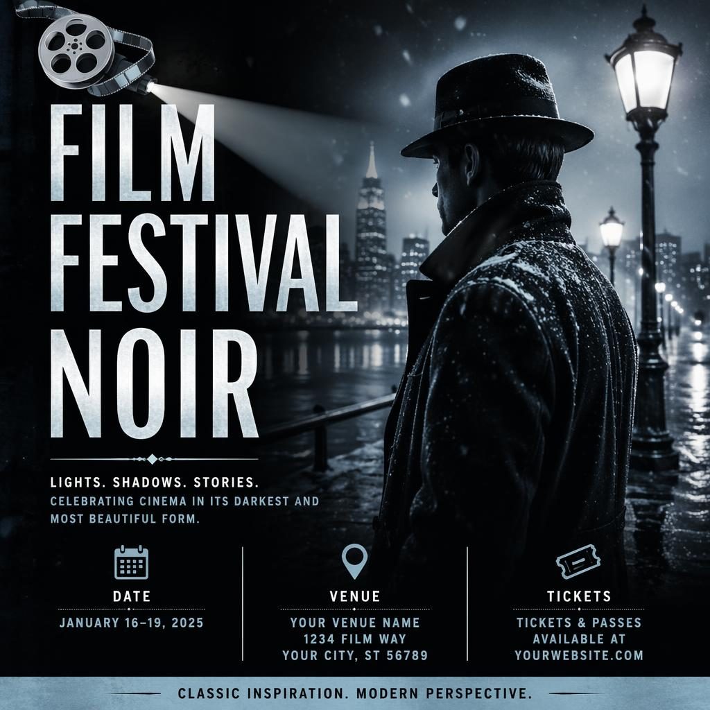 Photographic noir event poster for a tech conference with icy winter tones, clean placeholder event text, and layered overlay design.