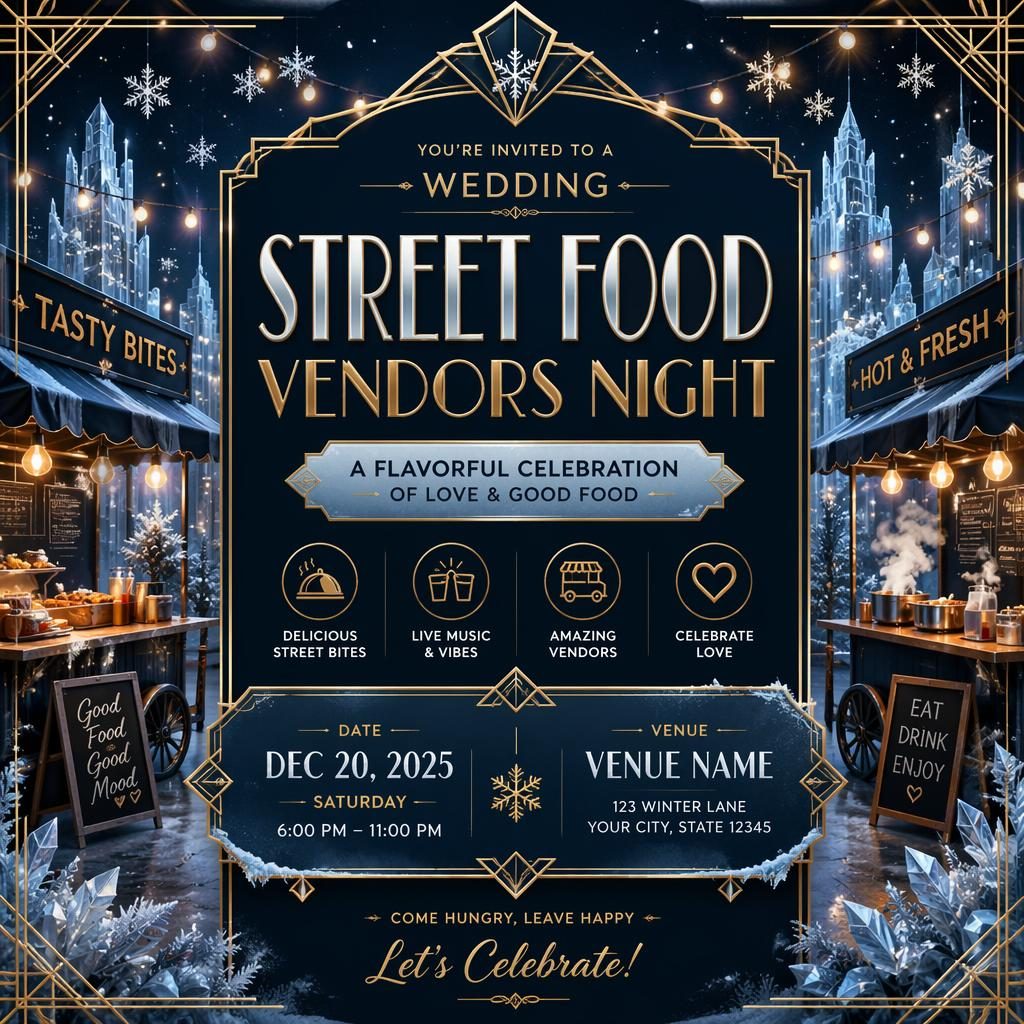 Art deco luxury wedding event poster for a street food vendors night in a winter ice palette with clean placeholder text.