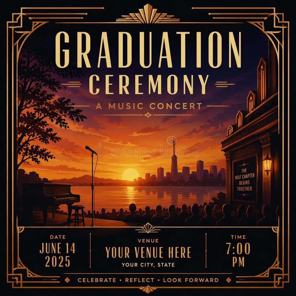 Art deco luxury event poster for a graduation ceremony music concert with warm sunset tones and clean placeholder text.