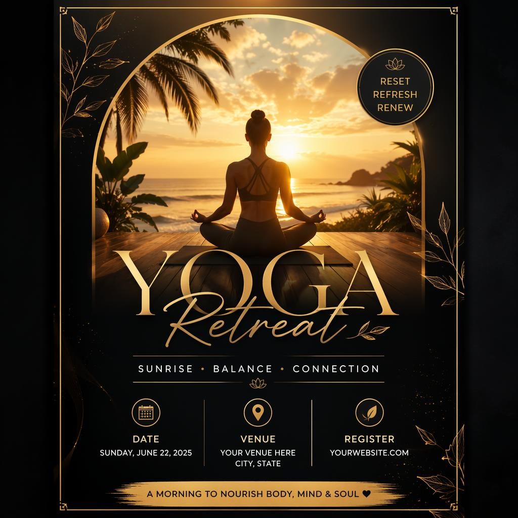 Modern editorial event poster with sunrise yoga scene, black and gold palette, dreamy romantic mood, and clean placeholder text