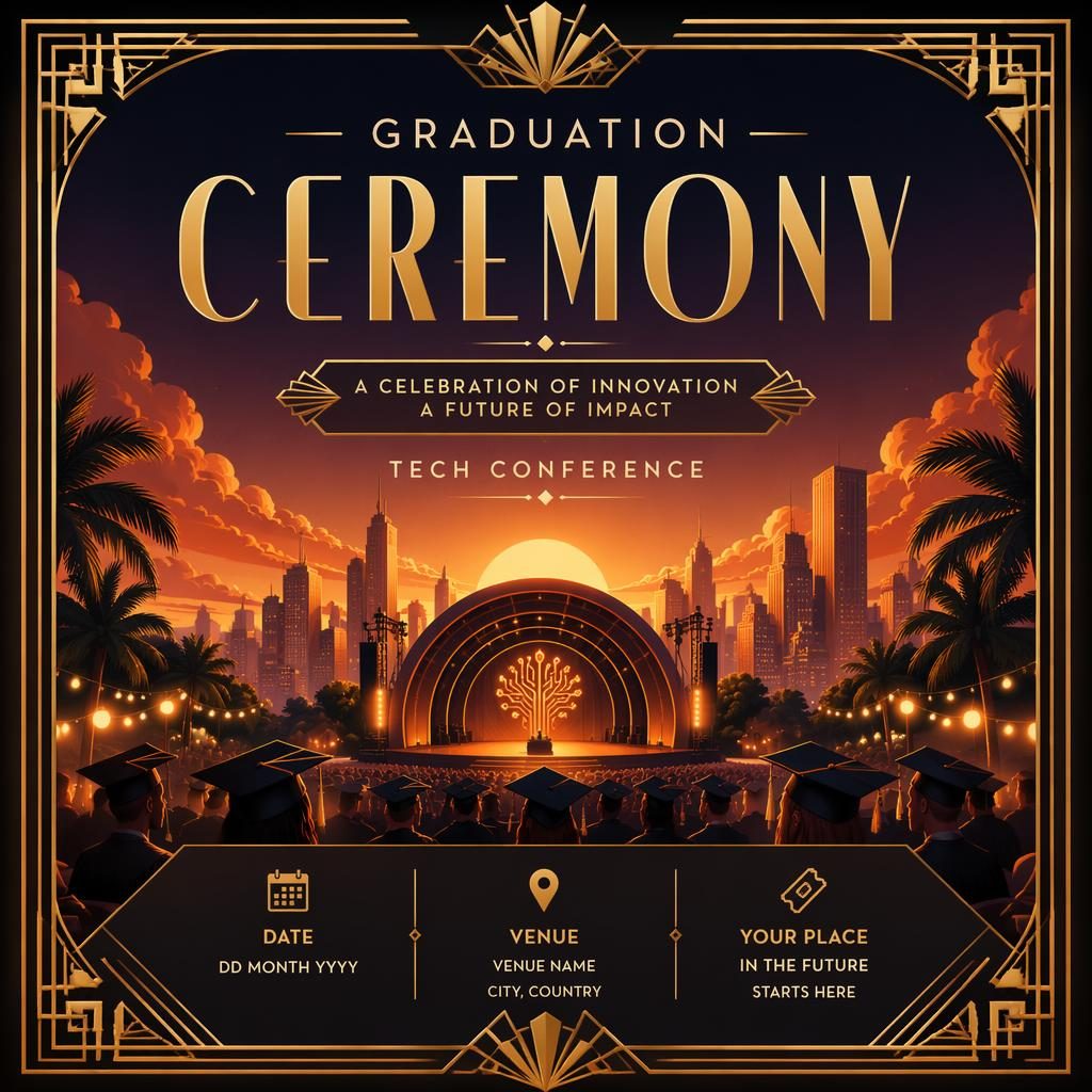 Affiche d’événement art déco luxe pour une cérémonie de remise des diplômes, tons coucher de soleil, texte anglais net
