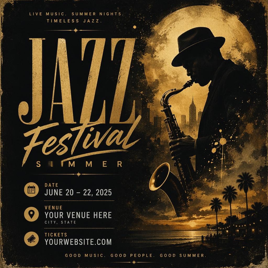 Black and gold grunge event poster with dreamy romantic mood, jazz festival summer theme, and sharp placeholder text.