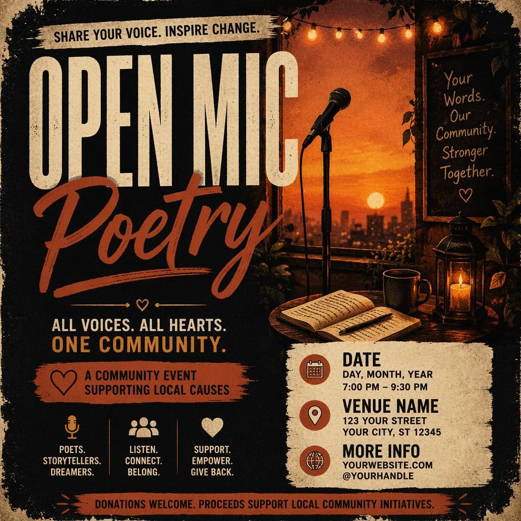 Grunge-style open mic poetry event poster with warm sunset tones, cozy intimate mood, and sharp venue, date, and event text.