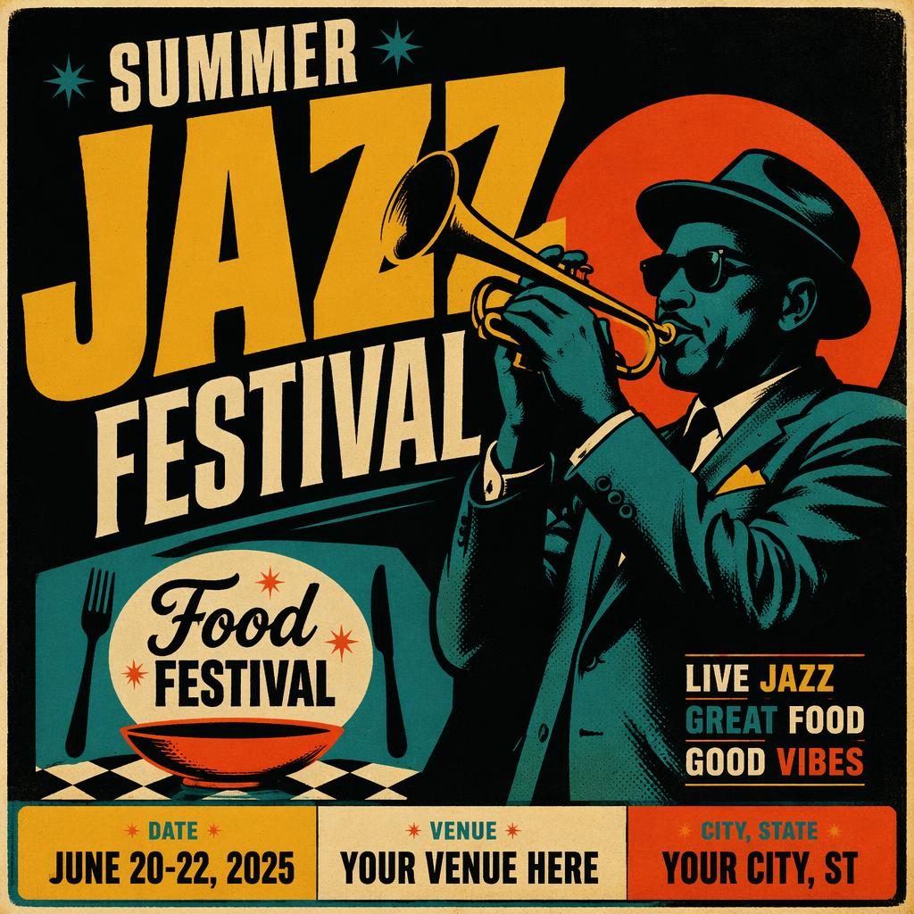 Vintage 1960s-style summer jazz food festival poster with bold high-contrast colors and clean event text placeholders