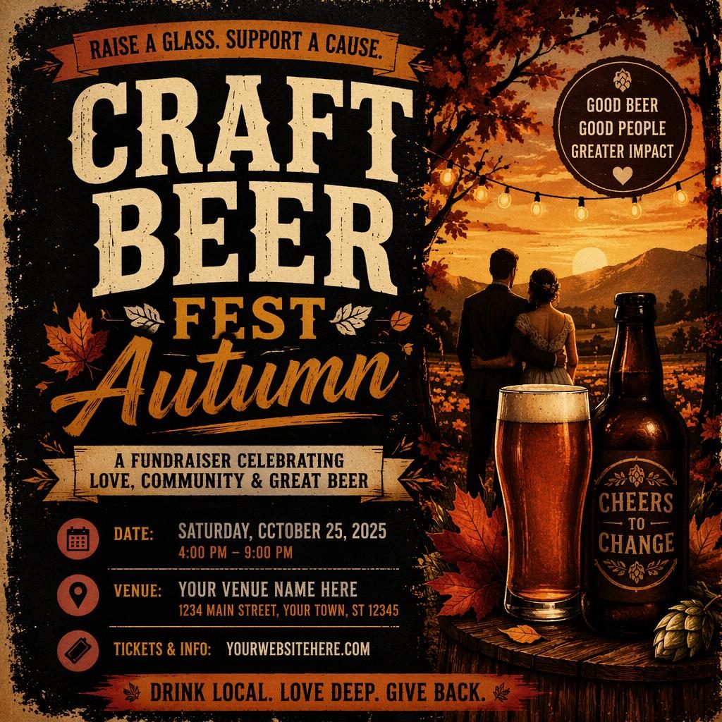 Grunge-style autumn craft beer fest wedding poster with warm sunset colors, cozy intimate mood, and clean placeholder text.