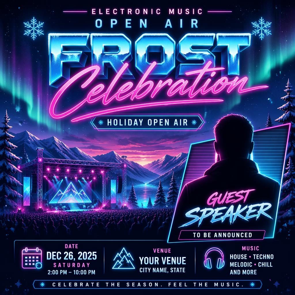 Retro 1980s neon winter event poster for an electronic music open air holiday celebration with readable placeholder text.