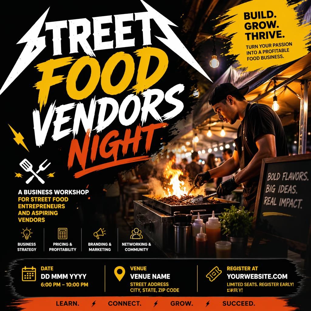 Póster moderno de street food vendors night con estética editorial, colores intensos, tipografía limpia y jerarquía visual fuerte.