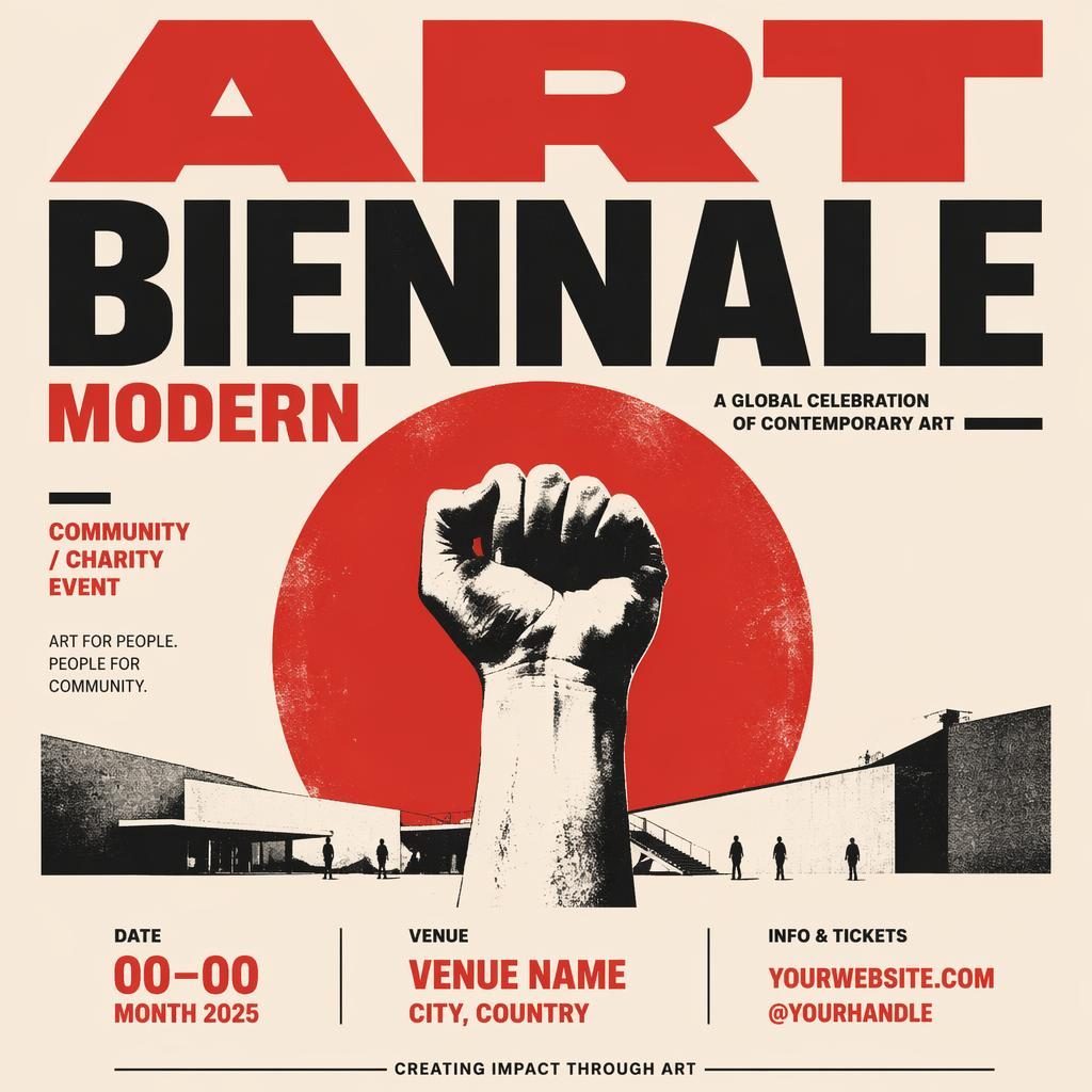 Minimalist Swiss-style event poster for a modern art biennale in cream and red with bold typography and clean placeholder text.