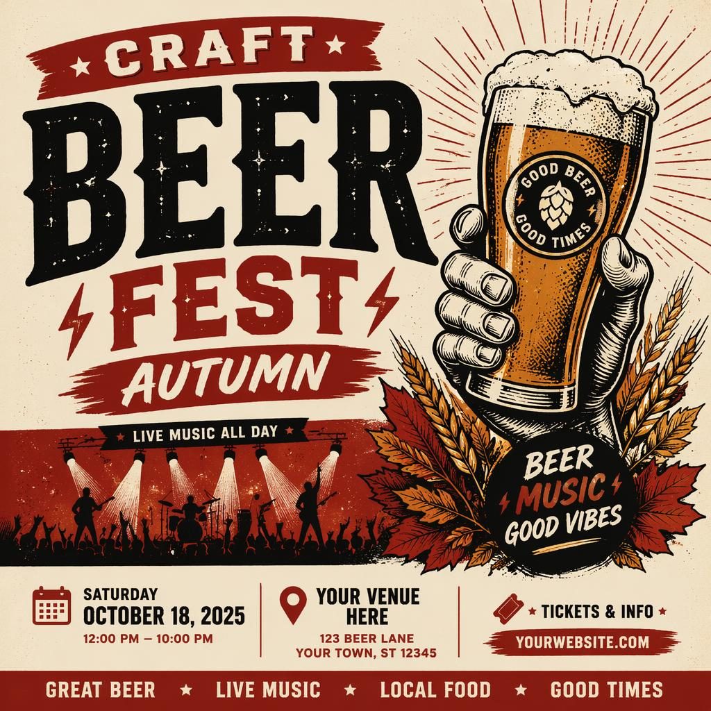 Vintage cream and red event poster with bold typography for an autumn craft beer fest music concert and clean placeholder text.
