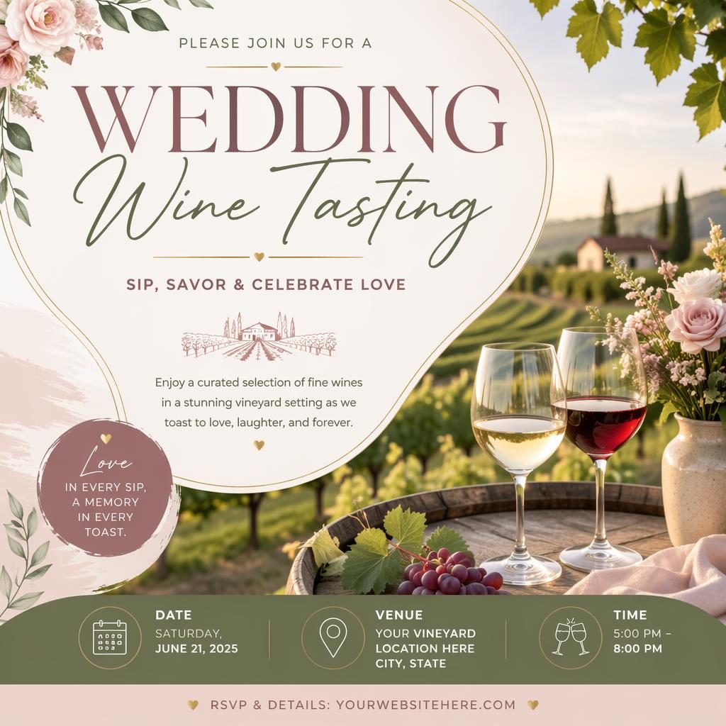 Modern editorial wedding event poster for a wine tasting vineyard with pastel tones and clean English placeholder text.