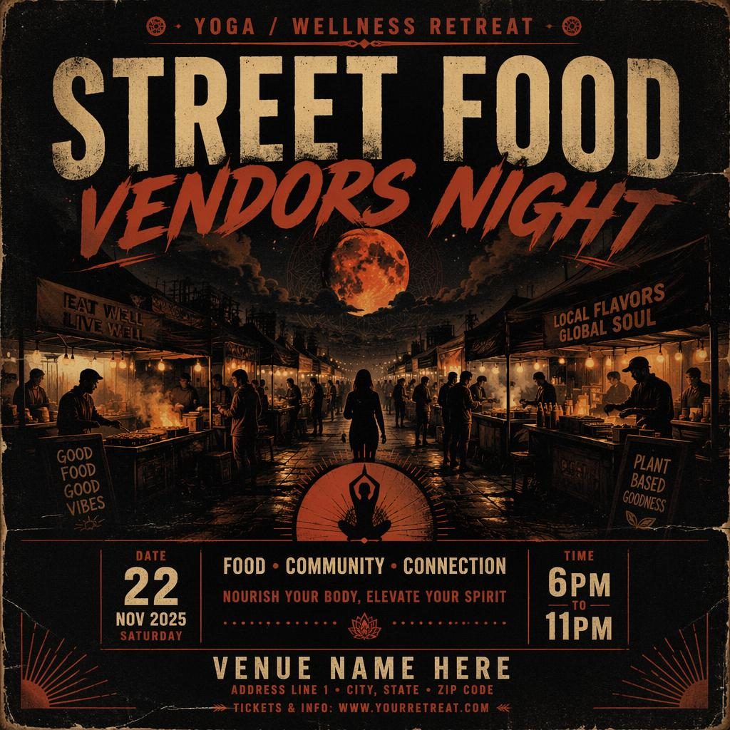 Dark grunge event poster for Street Food Vendors Night with autumn rust tones, clean English placeholder text, and moody layout
