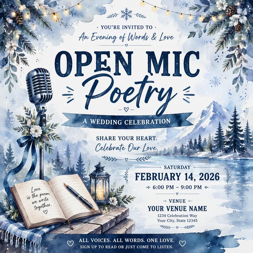 Watercolor winter event poster for an open mic poetry wedding with icy blue festive accents and clean placeholder text.