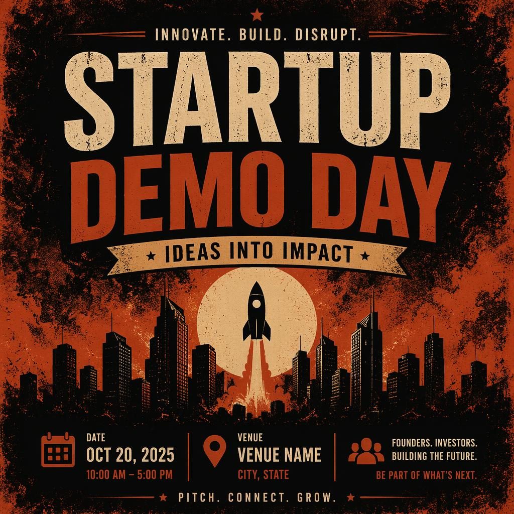 Dark grunge-style startup demo day poster with rust autumn tones, sharp event title, date and venue placeholders, and bold hierarchy.