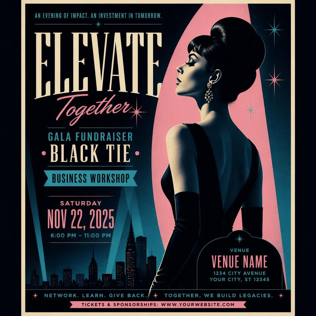 Vintage 1960s-style gala fundraiser poster with black-tie formal mood, cool neon palette, and sharp event text placeholders.