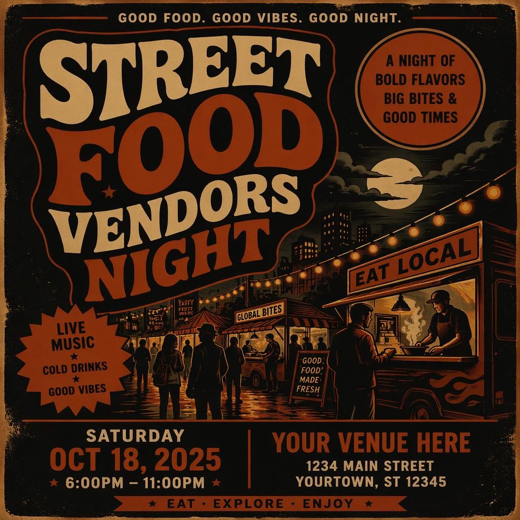 Vintage 1960s-style event poster for a street food festival at night with food stalls, dark autumn rust tones, and sharp placeholder text.