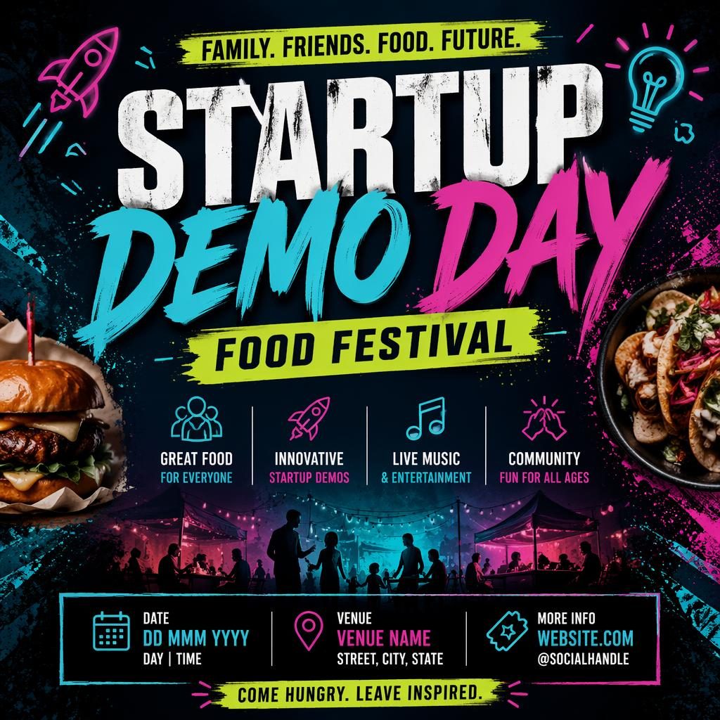 Grunge-style food festival event poster with cool neon colors, formal mood, and sharp placeholder text for name, date, and venue.