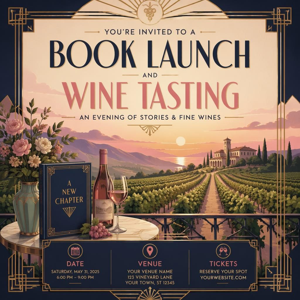 Art deco luxury event poster for a vineyard wine tasting book launch in soft pastel colors with clean placeholder text.