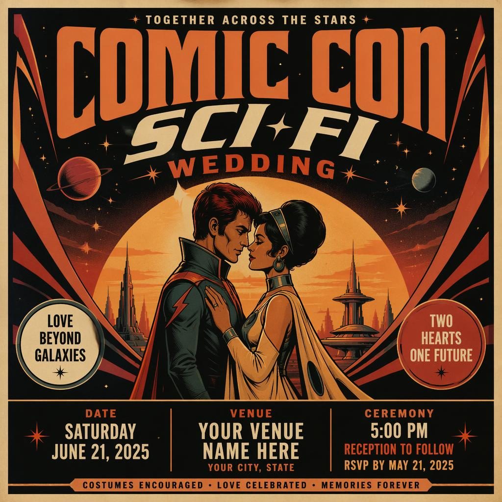 Vintage 1960s-style sci-fi wedding event poster with comic con themes, warm sunset colors, cozy mood, and sharp placeholder text.