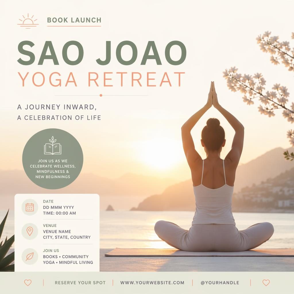 Minimalist Swiss-style event poster showing a sunrise yoga retreat scene in soft pastel colors with clean English placeholder text.