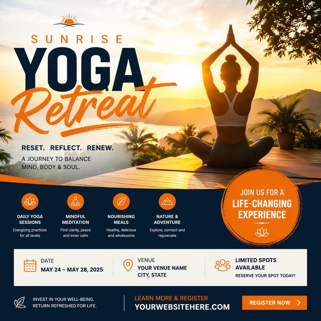 Photographic event poster showing a sunrise yoga retreat scene with bold overlay graphics and clean placeholder event text.