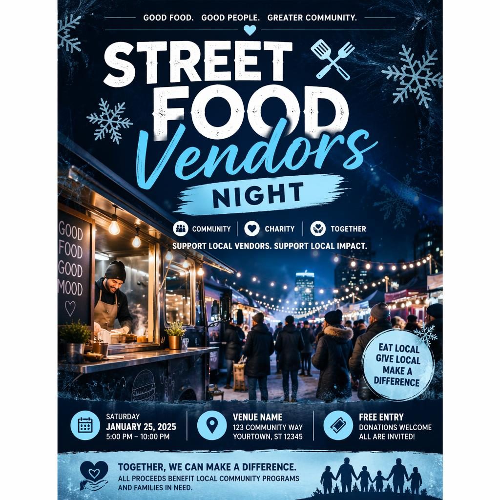 Photographic event poster of a winter street food night market with festive lights, vendor stalls, and clean placeholder text