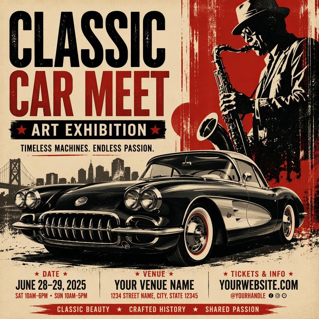 Grunge-style event poster for a classic car meet art exhibition with vintage cream and red colors and sharp placeholder text.