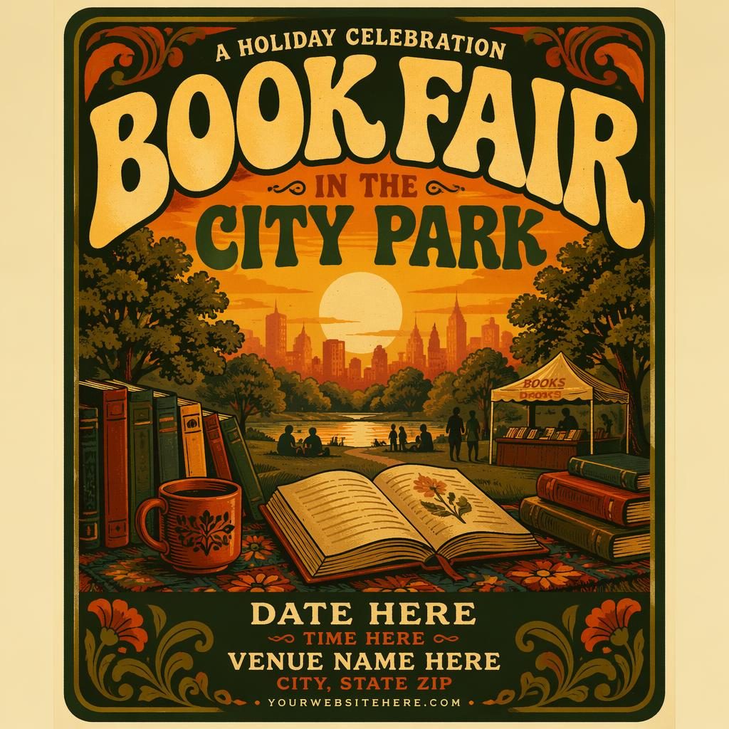 Vintage 1960s-style event poster for a book fair in a city park, with warm sunset tones, cozy illustrations, and clean placeholder text.
