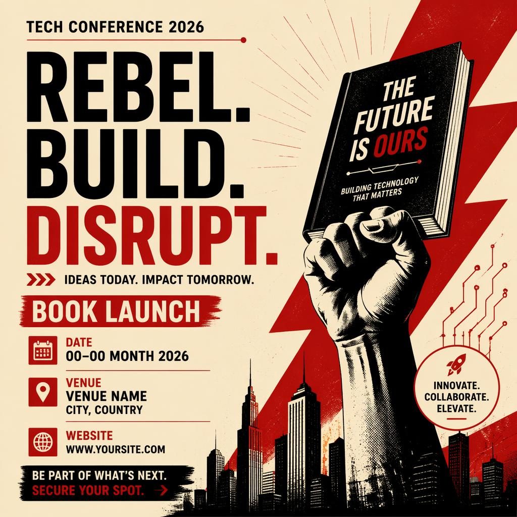 Moderner Event-Poster-Entwurf in Creme und Rot für eine Tech-Konferenz 2026 mit klarer englischer Platzhalter-Typografie.