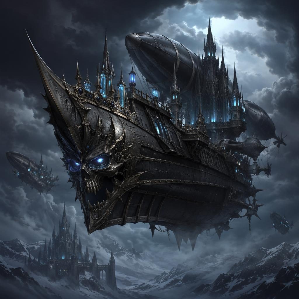 Undead lich king commanding a dieselpunk spaceship in retro 1980s fantasy style with triumphant lighting