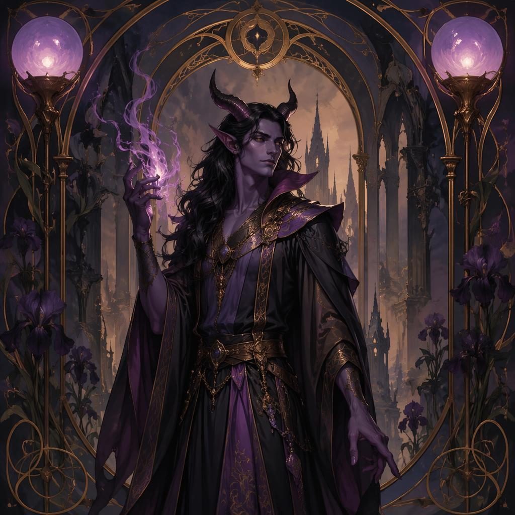 Art nouveau fantasy scene of a tiefling sorcerer beside an ornate mystical tower in moody atmospheric light