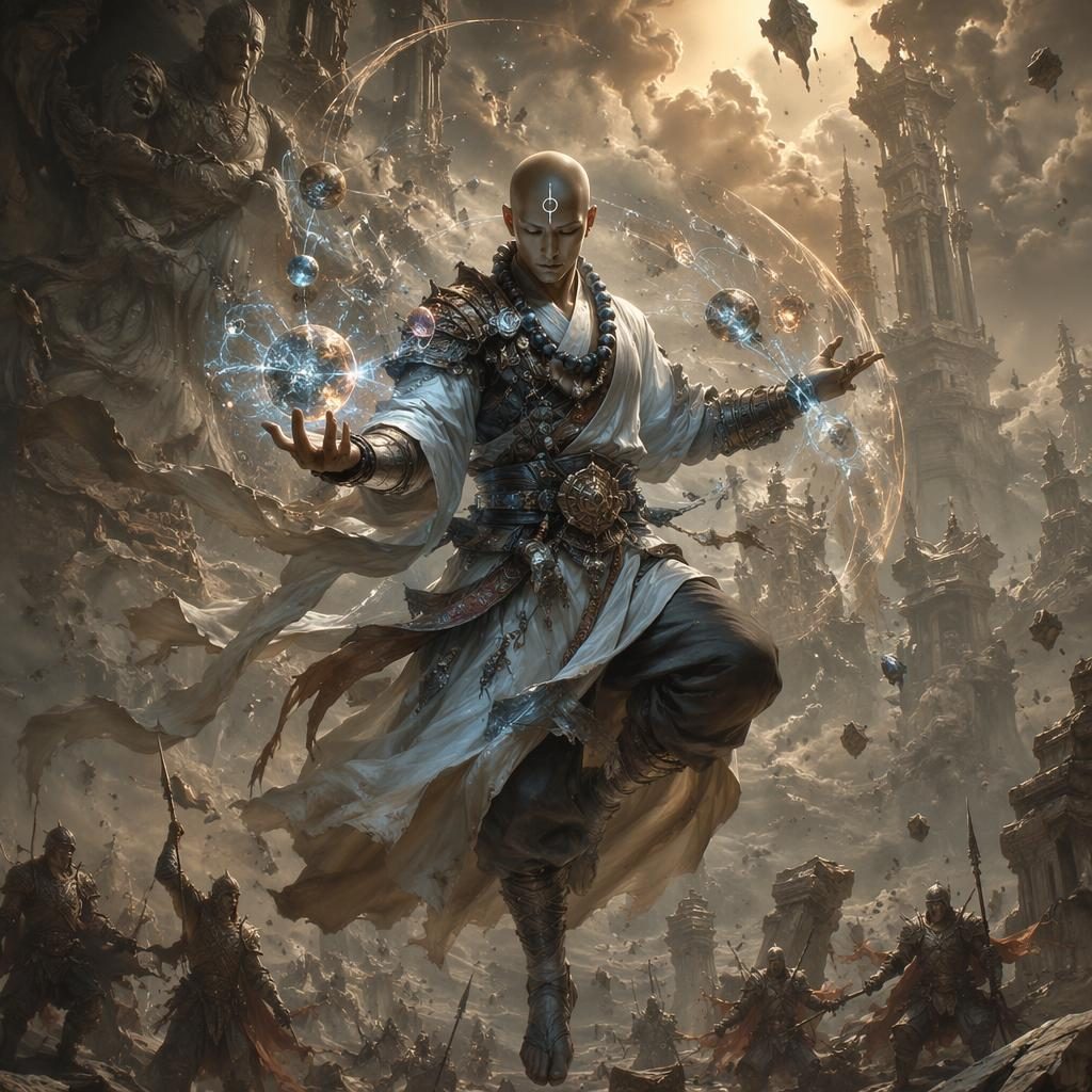 Astral wanderer monk in a post-apocalyptic battle scene, painted in classical Renaissance style with atmospheric light