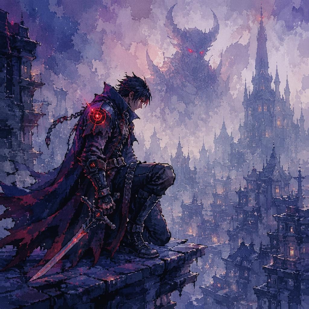 Melancholic demon hunter in cyberpunk armor facing a monster in a pixel art fantasy watercolour scene