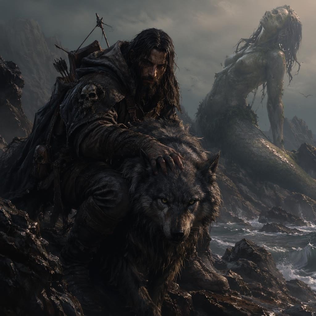 A grim fantasy landscape with a beastmaster and wolf companion in a medieval anime-inspired environment.