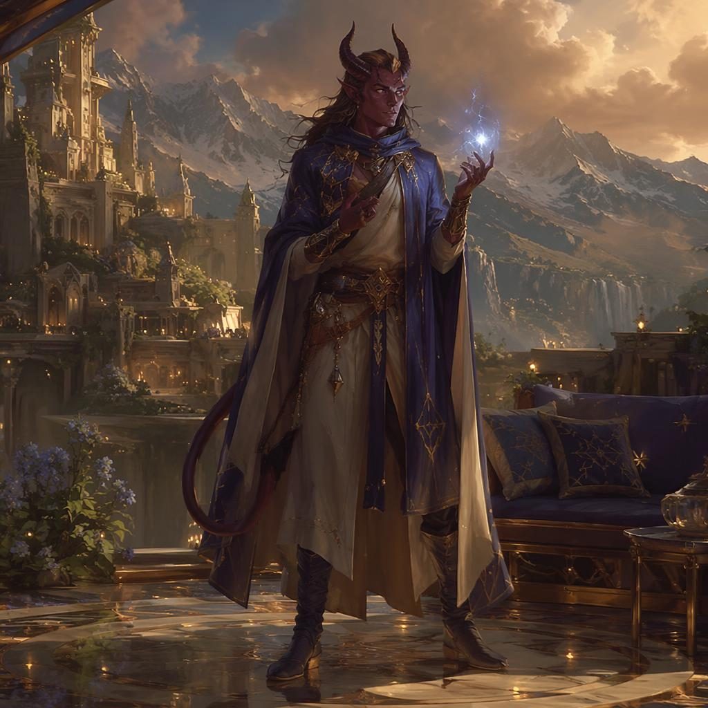 Full-body tiefling sorcerer in solar punk attire, painted in a dark moody oil style with warm atmospheric lighting.
