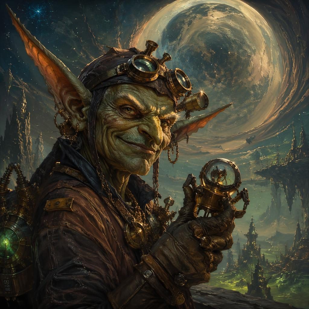 Realistic concept art of a goblin tinker in a dark solarpunk cosmic landscape with atmospheric lighting and sharp detail