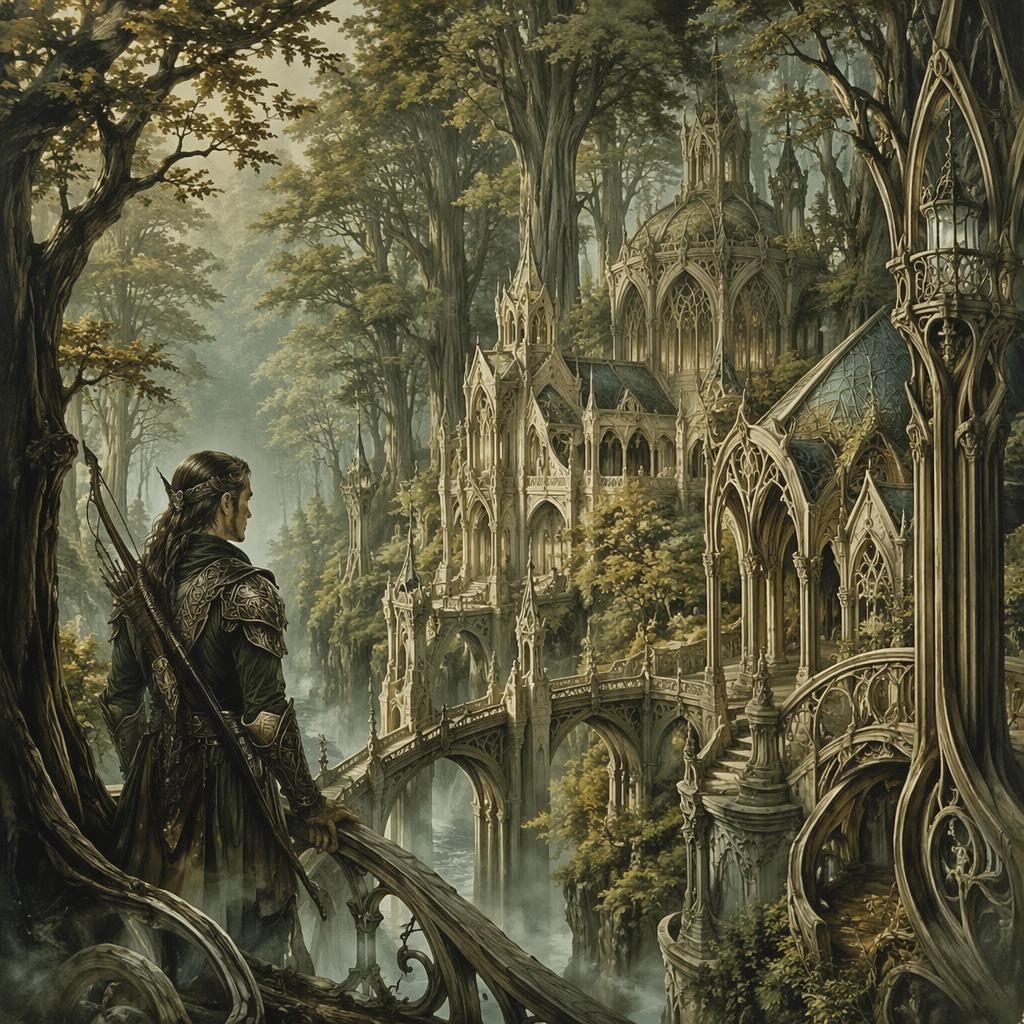 Art nouveau elven forest ruins with a ranger outpost, glowing lanterns, and mysterious atmospheric light