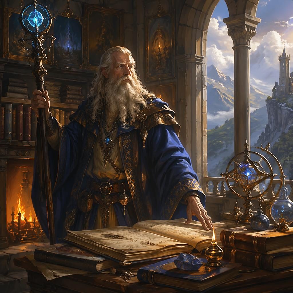 Heroic mage tower keeper stands inside a fantasy tavern interior, lit by atmospheric light in painterly digital art.