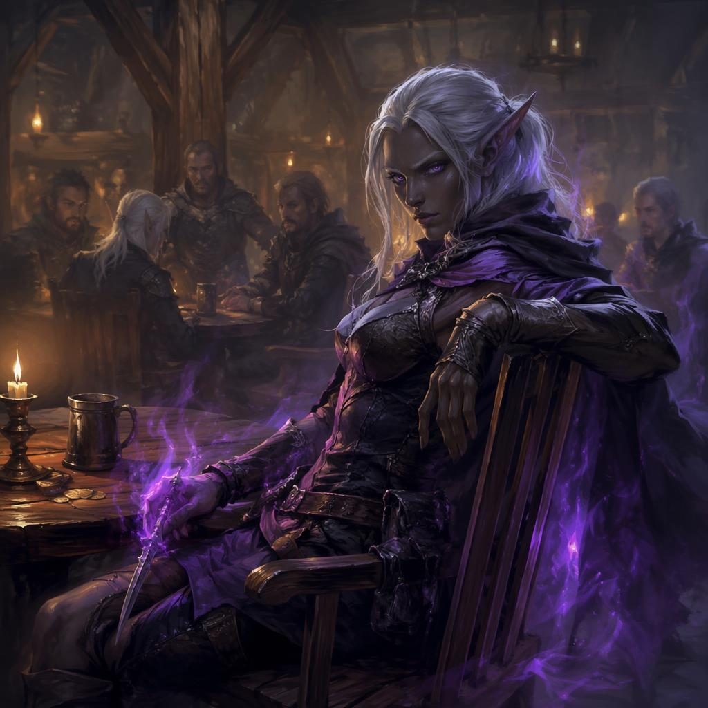 Painterly fantasy concept art of a dark elf assassin in a tavern interior with atmospheric lighting and sharp detail