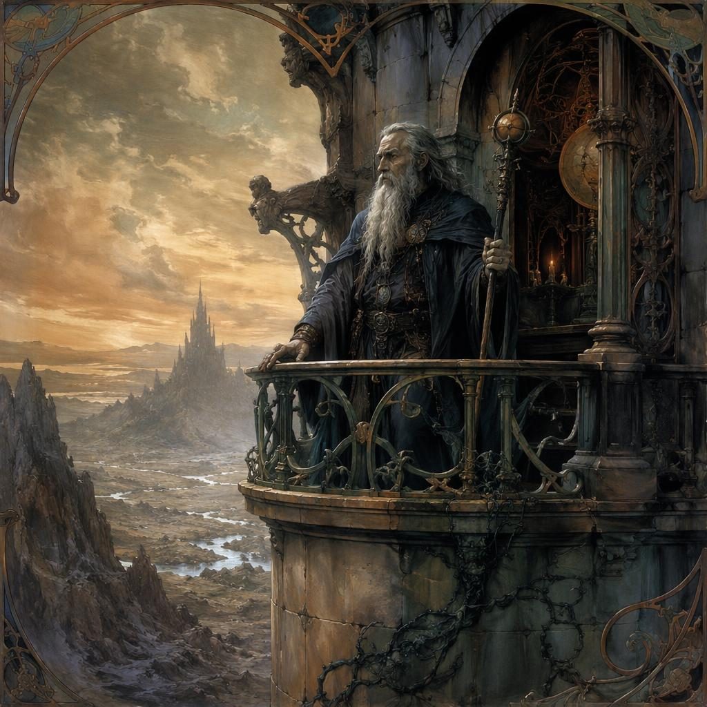 Art nouveau mage tower with a lone keeper, glowing windows, ornate stonework, and mysterious atmospheric lighting