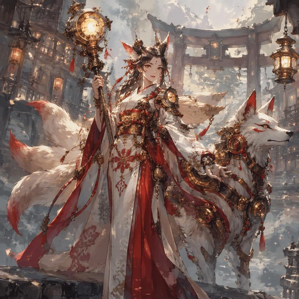 Watercolor fantasy concept art of a kitsune shrine maiden in kimono with a magical item, dieselpunk details and atmospheric light.