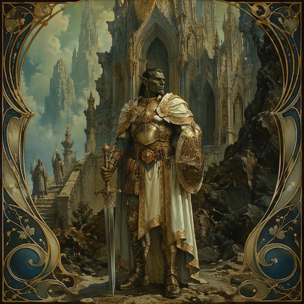 Fantasy concept art of a half-orc paladin before an art nouveau cathedral, with mysterious lighting and painterly detail.