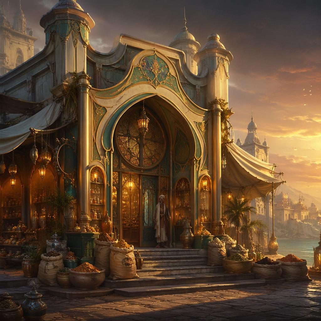 Art nouveau desert spice trader bazaar architecture at dusk, with arched facades, glowing lanterns, and a mysterious mood.