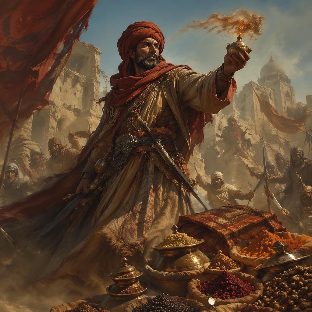 Desert spice trader in a post-apocalyptic battle scene, painted in classical Renaissance style with atmospheric light.
