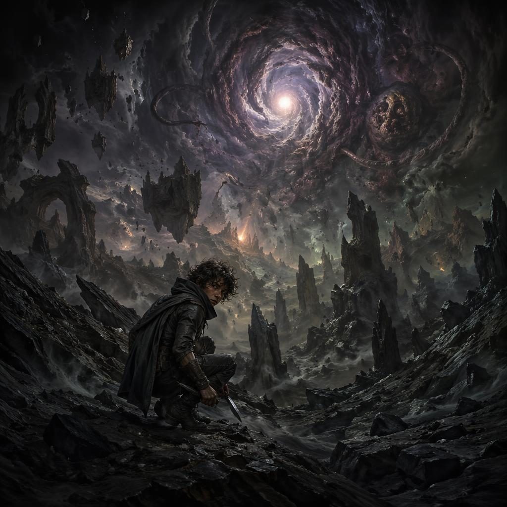Realistic concept art of a halfling rogue in a dark cosmic landscape with atmospheric lighting and painterly surreal details