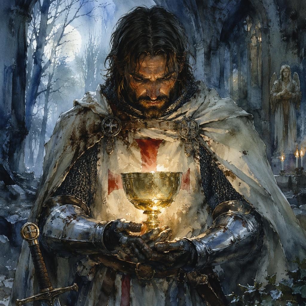 Watercolor fantasy illustration of a human templar knight with a glowing magical relic, atmospheric dark fantasy lighting