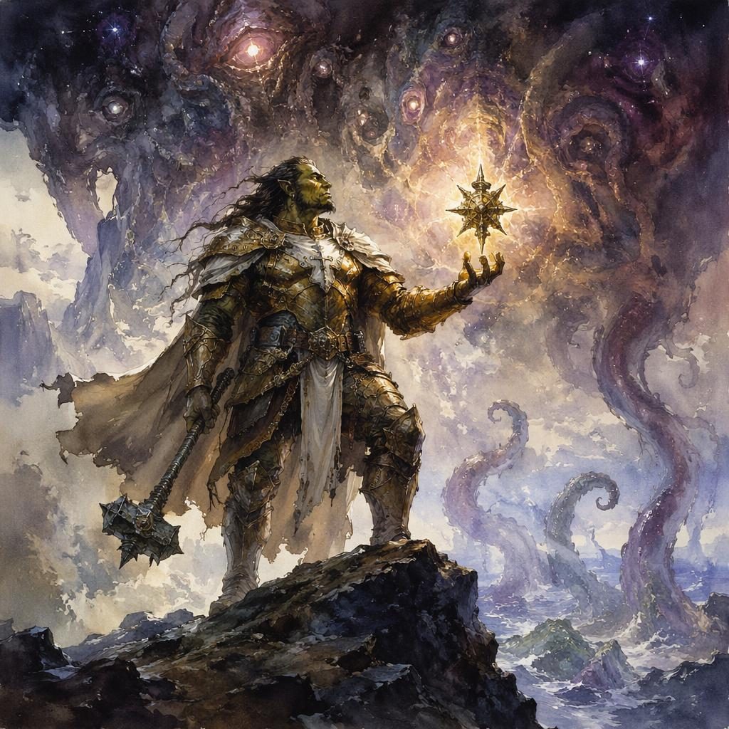 Watercolor fantasy illustration of a half-orc paladin holding a glowing magical relic in a cosmic horror setting