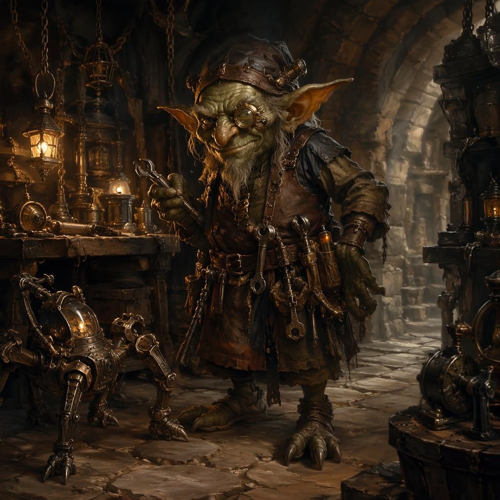 Full-body goblin tinker in dark fantasy oil-painting style, warmly lit with tools, sharp detail, and a painterly background.
