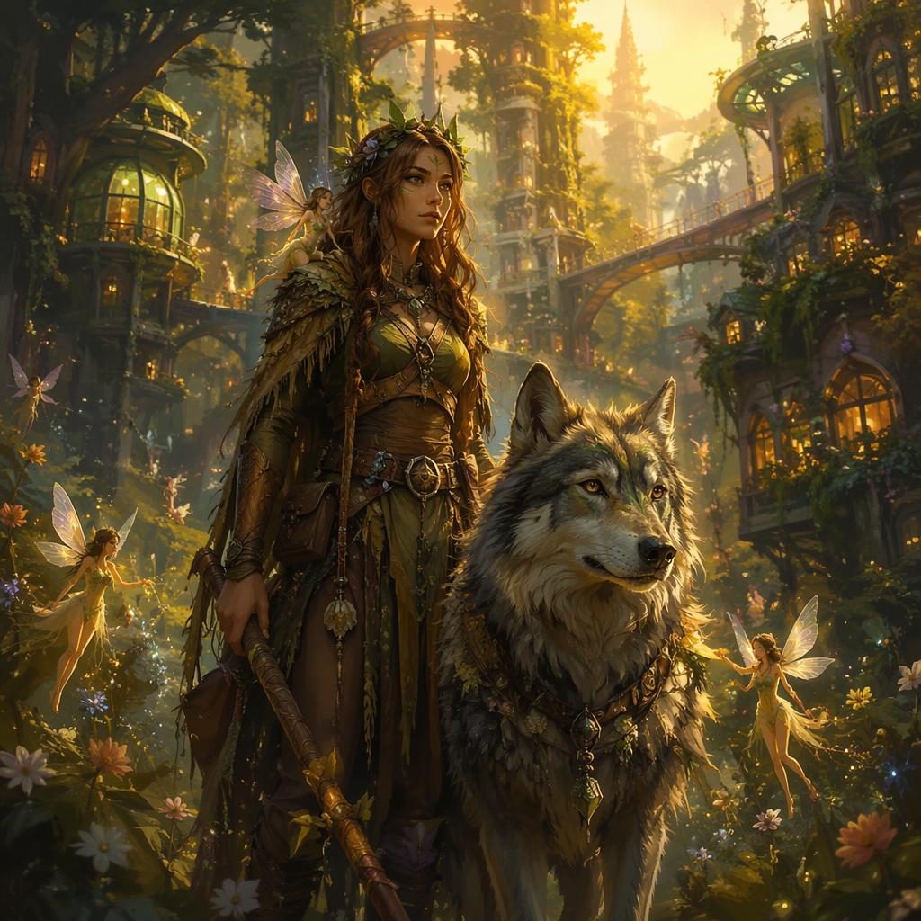Full-body solarpunk beastmaster beside a wolf companion in a dark moody oil painting with warm atmospheric light