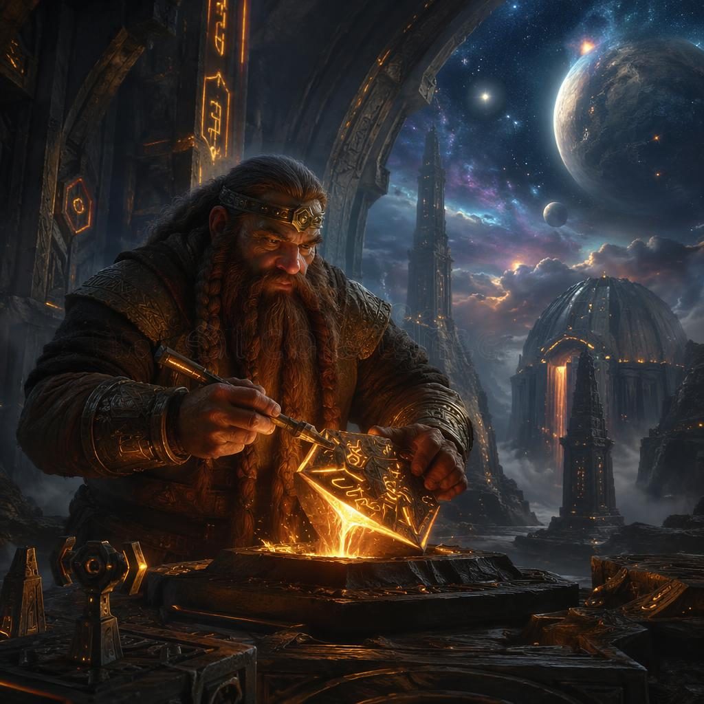 Realistic concept art of a dwarf rune smith at a glowing forge in a dark cosmic landscape with solarpunk details