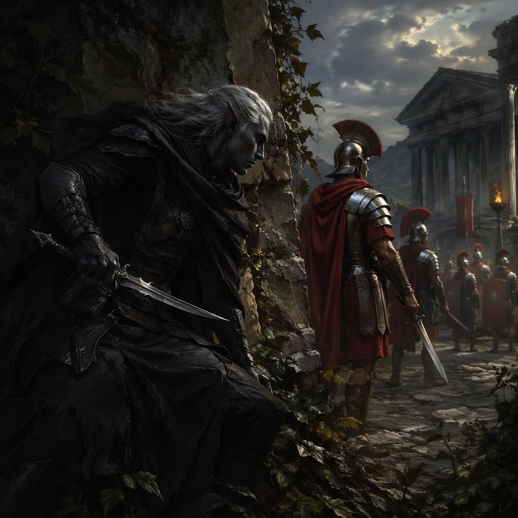 Dark elf assassin in ornate armor clashes in a cinematic battle scene, painted in a classical renaissance style.